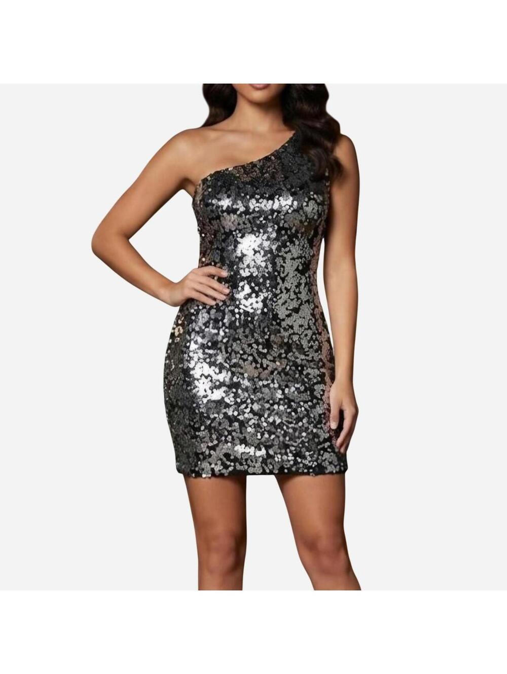 As U Wish Silver & Black Sequin One-Shoulder Party Dress - Size M